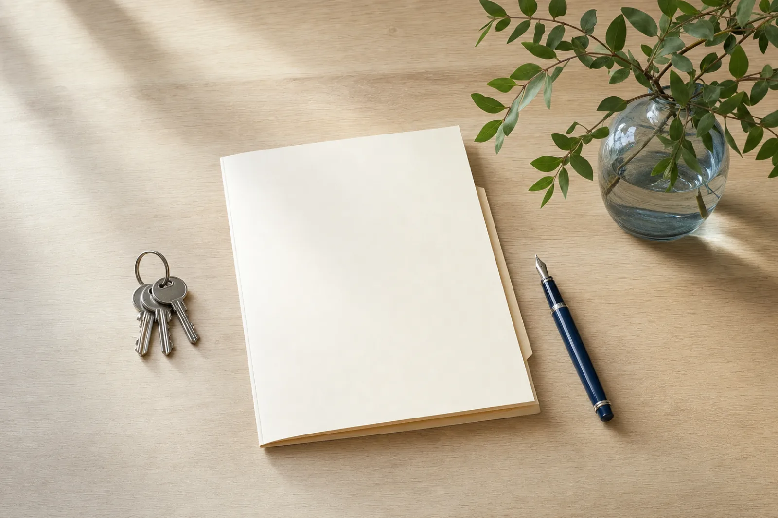 Blanco documentmap, sleutels en een pen op een lichte houten tafel