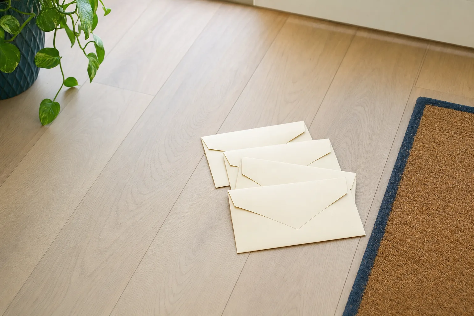 Blanco enveloppen op een houten vloer bij de voordeur