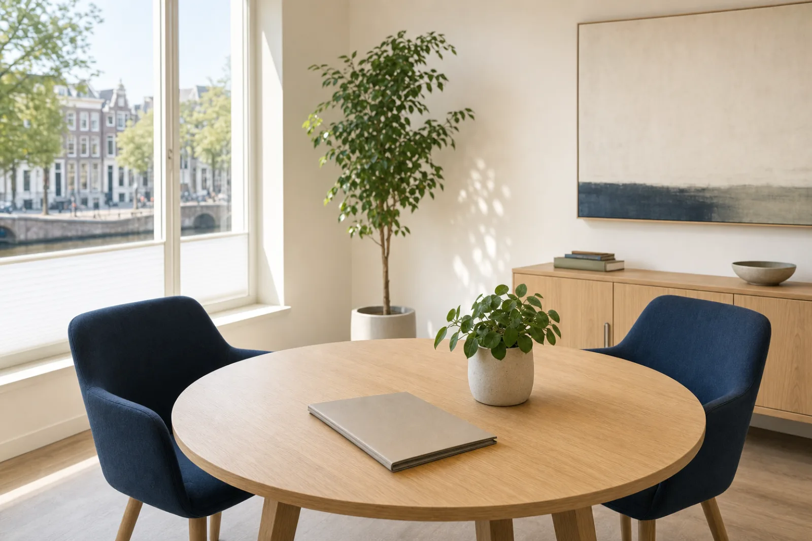 Rustige Nederlandse spreekkamer met een ronde tafel en twee stoelen