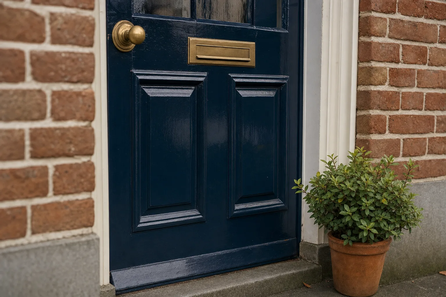 Detail van een donkerblauwe Nederlandse voordeur met een messing brievenbus